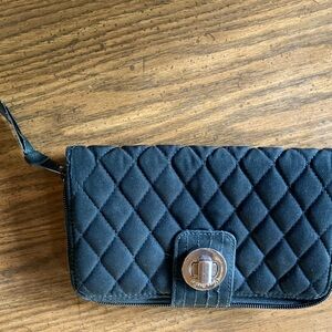 Vera Bradley, black quilted wallet, or clutch with turn closure and zippered.
